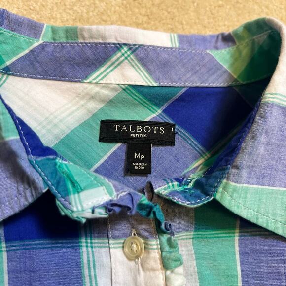Talbots Spring Plaid Button Down Shirt Ruffle Size Medium Petite EUC - Picture 5 of 6